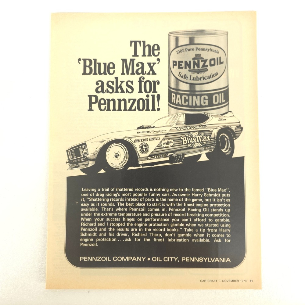 Pennzoil Blue Max 1973 Ford Mustang Funny Car Print Ad Drag Racing Wall Decor